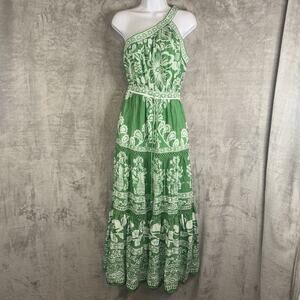 Farm Rio Green Sweet Garden Maxi Dress SZ SM One Shoulder Tiered Pockets Resort